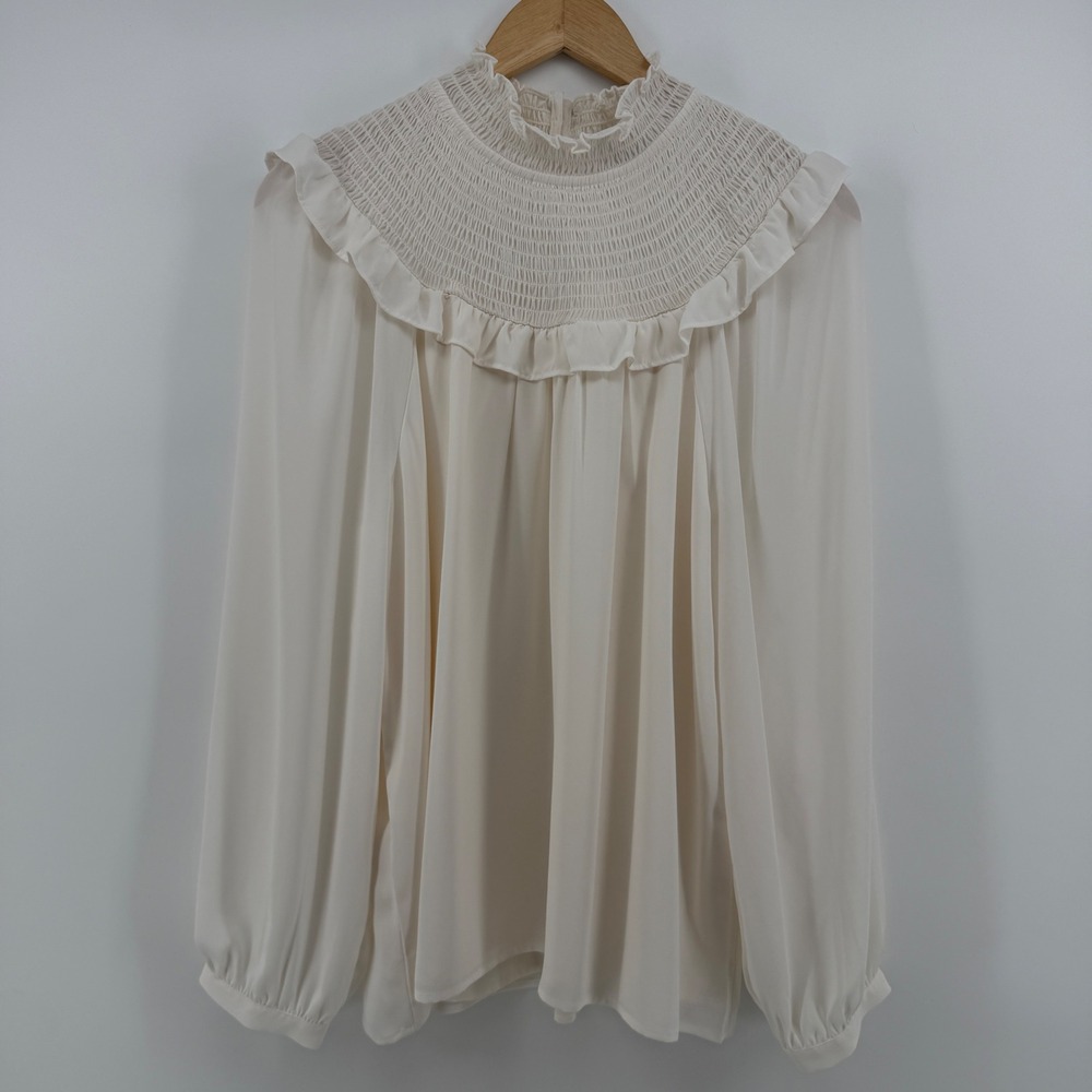 LOFT Womens Smocked Mock Neck Ruffle Blouse Ivory Long Sleeve Top Large
